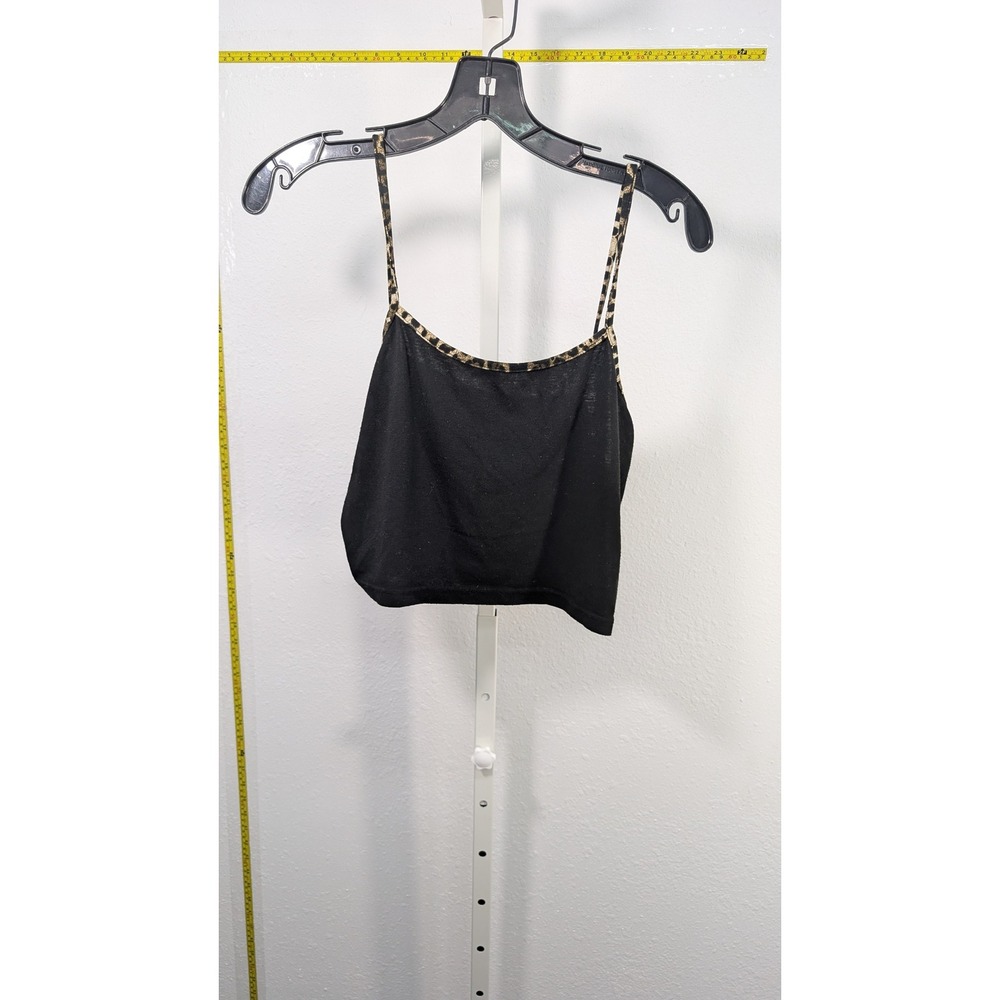 Romwe‎ Womens Black Crop Cami Top Leopard Print Trim Spaghetti Strap Size L